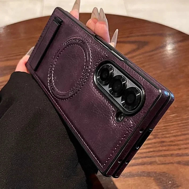Retro Leather Hidden Tripod Phone Case For Samsung Galaxy Z Fold