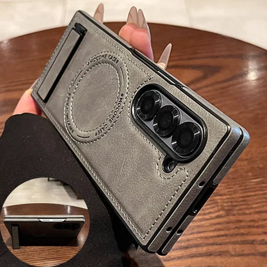 Retro Leather Hidden Tripod Phone Case For Samsung Galaxy Z Fold