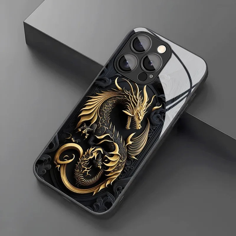 Golden Dragon Pattern Tempered Glass iPhone Case