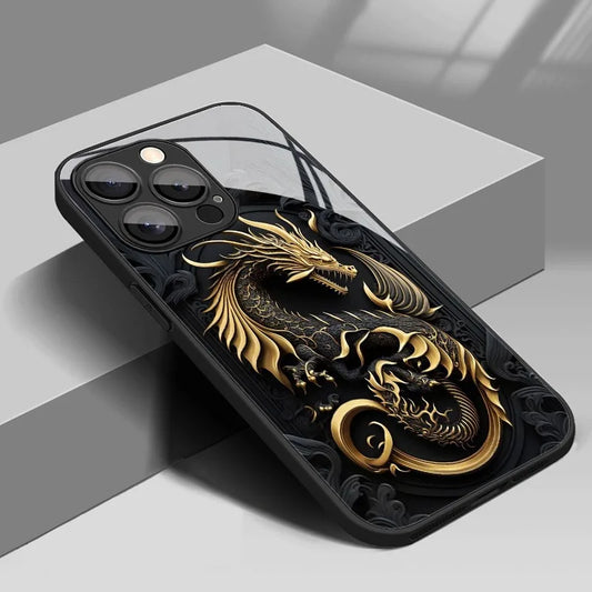 Golden Dragon Pattern Tempered Glass iPhone Case