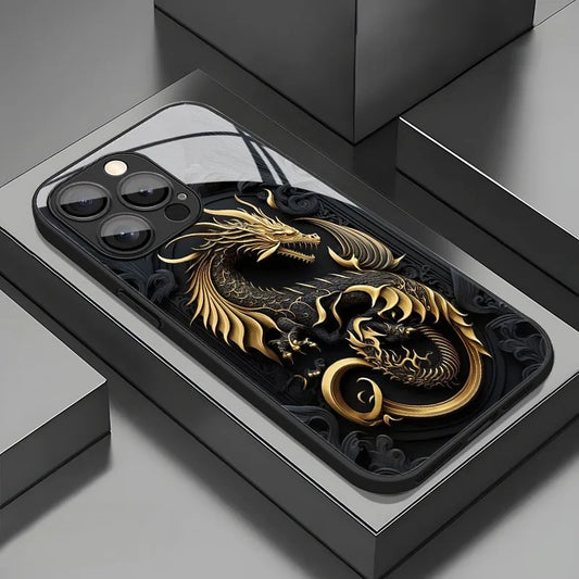 Golden Dragon Pattern Tempered Glass iPhone Case