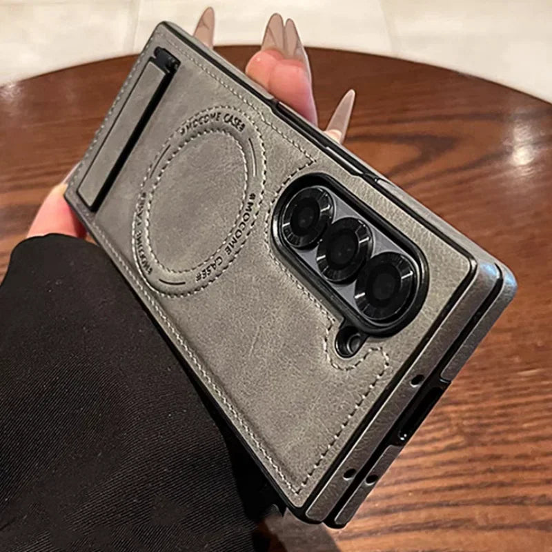 Retro Leather Hidden Tripod Phone Case For Samsung Galaxy Z Fold