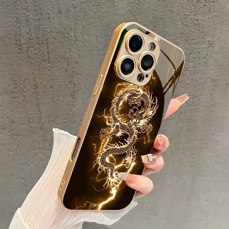 Golden Lightning Dragon Pattern Metallic iPhone Case
